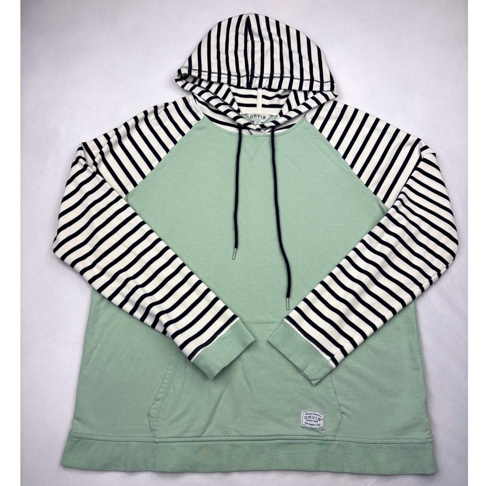 Orvis Striped Raglan Hoodie Womens‎ Large L Mint Green Coastal Nautical Pullover